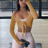 Talakeno Womens Ballet Wrap Tops Cropped Long Sleeve Self Tie Front Shirt Y2K Workout Yoga Pilates Dance Cover Up Blouse(Brown,XL)