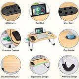 Slendor Lap Desk with Tablet Slot, Foldable Laptop Table with Storage Drawer for Bed，Portable Bed Desk for Laptop, Computer Tray with Cup Holder Notebook Stand Reading Holder for Couch Floor, Walnut