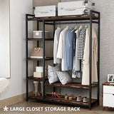 LITTLE TREE Free Standing Wood Closet Clothes Rack,Heavy Duty Grament Rack with Shelves,Hanging Racks for Clothes Clothing Rack for Bedrom,Wardrobe Closet Organizer,350 lb Capacity,Rustic
