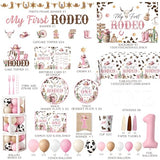 My First Rodeo Decorations Girl,220pcs Western Cowgirl First Rodeo Birthday Decorations Girl Plates and Napkins Cups Banner Backdrop Tablecloth Cake Topper Balloon for Rodeo Theme Party Decorations