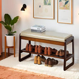 latifolia Solid Wood Bench, Entryway Shoe Bench with Cushion, 2 Tier Shoe Storage Organizer for Hallway, Living Room(Grey,31.50''L)