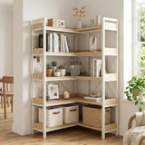 GTPLAYER 5-Tier Corner Bookshelf, L-Shaped Metal Frame Shelf with Tall 14" Shelves, Plant Stand and Storage Rack for Small Spaces, Living Room and Home Office, Light Oak