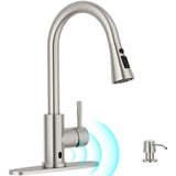 APPASO Touchless Kitchen Faucet, Brushed Nickel Motion Sensor Sink Faucets with Soap Dispenser and Pull Down Sprayer 3 Modes, Activated Hands Free Faucet for Sink with cUPC-Certified Hoses