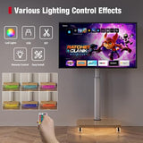 AOKCOS Rolling TV Stand with LED Lights for 43-75 Inch TV, 8-Height Adjustable Mobile TV Stand with 12° Tilt, Wooden Base Floor TV Mounts, Max Load 110lbs, VESA 100x100mm to 600x400mm, White