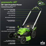 Greenworks 60V 25” Cordless (Self-Propelled) Lawn Mower (LED Lights + Aluminum Handles), 2 x 4.0Ah Batteries