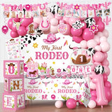 cocomigo 131Pcs My First Rodeo Decorations Girl, with Cowgirl Hat, Tablecloth, Photo Banner, Balloon Boxes, Backdrop, Balloon Arch, for Pink First Birthday Decorations for Girl