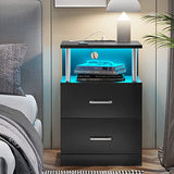 AOGLLATI Nightstand with Charging Station and LED Lights, Nightstands Set of 2, Bedside Table with Open Storage and 2 Drawers, 2 USB Ports, 2 Outlets, Modern End Side Table for Bedroom, Black