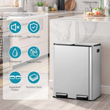 Kitchen Trash Can 16 Gallon 60L Dual Stainless Steel Garbage and Recycling Can with Foot Pedal for Kitchen