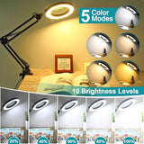 Magnifying Glass with Light and Stand, 2-in-1 Desk Lamp & Clamp Light, Seylae 5 Color Modes