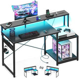 AODK Computer Desk, 48 Inch Gaming Desk with Led Lights & Power Outlet, Office Desk with Storage Shelves, Carbon Fiber Black