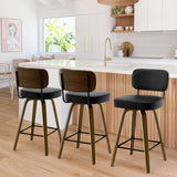 Bekrvio Swivel Counter Height Bar Stools Set of 4, 26" Upholstered Faux Leather Barstools with Back and Bent Wood Legs