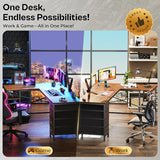Huuger 63 Inch L Shaped Desk with Fabric Drawers, Computer Office Desk with Power Outlets and USB-C Port, Corner Desk with Storage Shelves