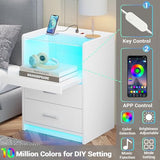 AOGLLATI LED Nightstand Set of 2 with Charging Station, Night Stand with Pull-Out Shelf, 2 Drawers, Bedside Table with LED Lights, Modern End Table with USB Ports Outlets, 2 Pack, White