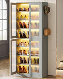 Tribesigns Tall Shoe Cabinet with Acrylic Doors and LED Lights, 8-Tier Shoe Organizer Storage Rack with Adjustable Shelves and Hanging Hooks for Narrow Closet, Hallway, Living Room, Gray (Set of 2)