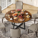 47.2 Inch Round Dining Table for 4-6, Farmhouse Style with Retro Tabletop and Curved Legs, Rustic Brown and Black TCZ13BF