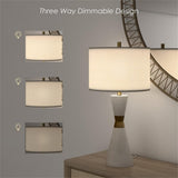 Pemberly Row 30.5" Hourglass Resin & Metal Table Lamps, Matte White Finish with Brushed Gold Band, Linen Shade, 3-Way Switch, Modern Set of 2 for Living Room, Bedroom, or Office