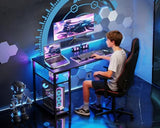 MOTPK 40 Inch Small Gaming Desk with Storage & Led Lights, Computer Desk with Shelf