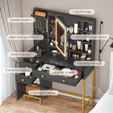 AOGLLATI Makeup Vanity with Lights in 3 Colors, Black Vanity Desk with Mirror and Lights, Vanity Table with Charging Station, Makeup Desk with Visible Drawers, Hidden and Open Storage Shelves