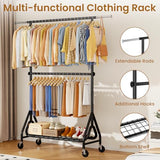 JIEJIERUI Double Rods Clothing Rack, Heavy Duty Clothes Rack for Hanging Clothes Load 560LBS, Metal Rolling Garment Racks, Black
