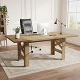 Long Dining Table for 6-8, Farmhouse Wooden Barn Kitchen Table for 6, Triangular Legs, Large Dining Room Table