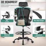 Drafting Chair, Tall Office Chair with 3D Lumbar & Head Support, Ergonomic Mesh Standing Desk Chair with Footring, Comfy Extended High Desk Chair with Flip-Up Arms & Hanger,Black