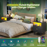 AOGLLATI Fluted Nightstand Set of 2 with Charging Station, Black LED Nightstand with 2 Drawers and Open Storage Cubby, Modern Bedside Table with LED Lights & Metal Handle for Bedroom