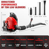 TDH Gas Backpack Leaf Blower, 2-Stroke Handheld Snow Blower with 665 CFM & 205 MPH High Power for Commercial Lawn Care, Yard Debris & Snow Removal,Red