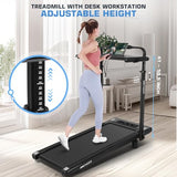 Treadmill with Desk Workstation & Adjustable Height, 450 LBS Weight Capacity, Folding Treadmill with 15% Incline, Bluetooth Speaker & App