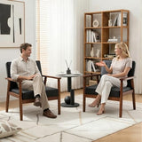 Black Leather Accent Chairs Set of 2, Waiting Room Chairs with Wood Arms, Office Guest Arm Chair
