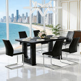 64.5" Dining Room Table Set for 6, 64.5" Modern Black Wood Grain Kitchen Table Set with Tempered Glass Inlay & Dual Pedestal Base
