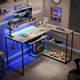 IAISRO L Shaped Gaming Desk with Power Outlets & RGB Lights, 46'' L- Shaped Desk Computer Corner Desk with Monitor Stand & Storage Shelf & Hook, Home Office Desk Writing Desk, Grey