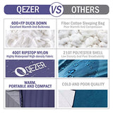 QEZER Down Mummy Sleeping Bag for Adults, 3 Season Lightweight Compact for Camping Backpacking Hiking, 45°F to 18°F Sleeping Bag with 600 Fill Power Down