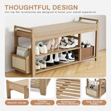 Homaxy 2-Tier Shoe Rack Bench with Side Holder, 39.4 in Bamboo Entryway Bench, Shoe Rack Organizer with Cushion for Front Entrance, Hallway Living Room Bedroom, Walnut and Light Brown