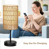 Touch Table Lamp For Bedroom with Bulb, Boho Small Desk Lamp For Living Room With Rattan & Linen Shade