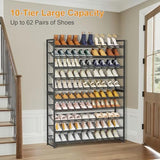 NEYCIL Large Shoe Rack 10 Tier Shoe Organizer, Heavy Duty Metal 5-Tier Stackable Shoe Storage Vertical Shoe Rack for Closet Front Door Entrance, Up to 62 Pairs, 44.8" W x 11.4" D x 71.2" H, Black