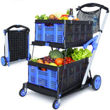Collapsible Shopping Cart with Wheels, 2 Storage Crates & 1 Storage Bag, 200 lbs Capacity Multi Use Functional Grocery Cart