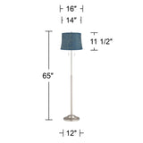 360 Lighting Abba Modern 65" Tall Standing Floor Lamp Skinny Pole Twin Pull Chain Silver Metal Brushed Steel Finish Living Room Bedroom House Reading Office Home Decor Nagano Blue Drum Shade