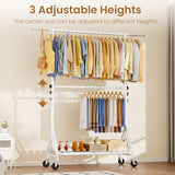 JIEJIERUI Heavy Duty Clothes Rack for Hanging Clothes, Double Rods Clothing Rack with Lockable Wheels, Rolling Garment Racks, White