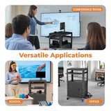 Mobile AV Cart with Side Shelves, Rolling Computer Cart Height Adjustable Rolling Media Utility Cart with Pullout Keyboard Tray