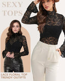 Women's Long Sleeve Lace Mesh Tops High Neck Sheer Blouse Sexy Floral Going Out Top Black