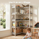 GTPLAYER 5-Tier Corner Bookshelf, L-Shaped Metal Frame Shelf with Tall 14" Shelves, Plant Stand and Storage Rack for Small Spaces, Living Room and Home Office, Grey