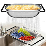 Over the Sink Colander - Strainers and Colanders - Sink Strainer Basket - Expandable Fine Mesh Strainer with Rubber Grip for Veggie, Fruits, Pasta, Home Kitchen Essentials (9.5W x 13.4-21.3L x 3.3H)