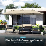 GREENVINES 15FT-Double-Sided-Patio-Umbrella-with-Base | Fiberglass Ribs | No Tilt |Large Outdoor Market Umbrellas | w/Crank Handle | Heavy Duty | for Poolside Garden Deck Backyard Beach | Tan