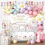 Fexivo 269pcs Wildflower 1st Birthday Decorations Girl, One-stop Set for 25 People, Includes 350gsm Plates Backdrop and Tablecloths, Suitable for Wild and Onederful 1st Birthday Girl