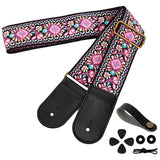 AODSK Guitar Strap Vintage Woven Adjustable,Crafted with Premium Cowhide Leather Ends & 2 Strap Locks, For Bass, Electric & Acoustic Guitars (Pink Paisley)