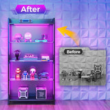 AODK Display Case with LED Lights, Display Cabinet with Glass Storage Shelves and Industrial Metal Mesh, 4-Tier Display Shelf for Collectibles, Curio Cabinet with Open Shelf, Black Book Shelf