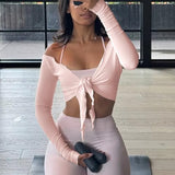 Talakeno Womens Ballet Wrap Tops Cropped Long Sleeve Self Tie Front Shirt Y2K Workout Yoga Pilates Dance Cover Up Blouse(Pink,S)