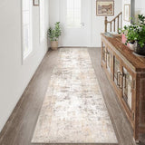 WondRg 3x14 Washable Runner Rug Beige Grey Abstract Non Slip Soft Low Pile Hallway Kitchen Rug Neutral Modern Carpet for Laundry Bathroom Bedroom Living Room Home Decor