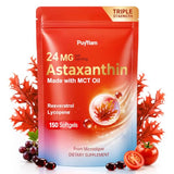 Puyflam Astaxanthin 24mg with Resveratrol & Lycopene, 3-in-1 Liposome Antioxidant Supplements Complex with MCT Oil for Skin, Eye, Heart, Immune & Healthy Aging Support | Non-GMO,No Soy-150 Softgels