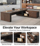 Large Modern Executive Office Desk with Open Storage Shelves, LED Lighting